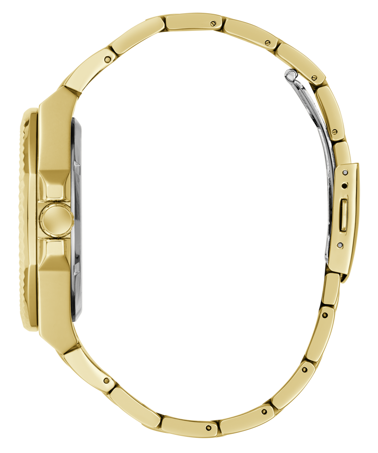 A close-up side view of a gold-tone metal watch bracelet and case, showing the crown, side lugs, and clasp mechanism on a plain white background.