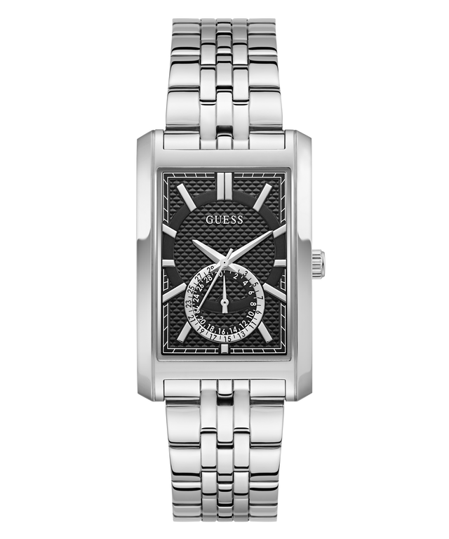 A Guess men's analog watch with a silver-tone stainless steel case and multi-link bracelet, featuring a textured black dial with silver-tone hands and hour markers.