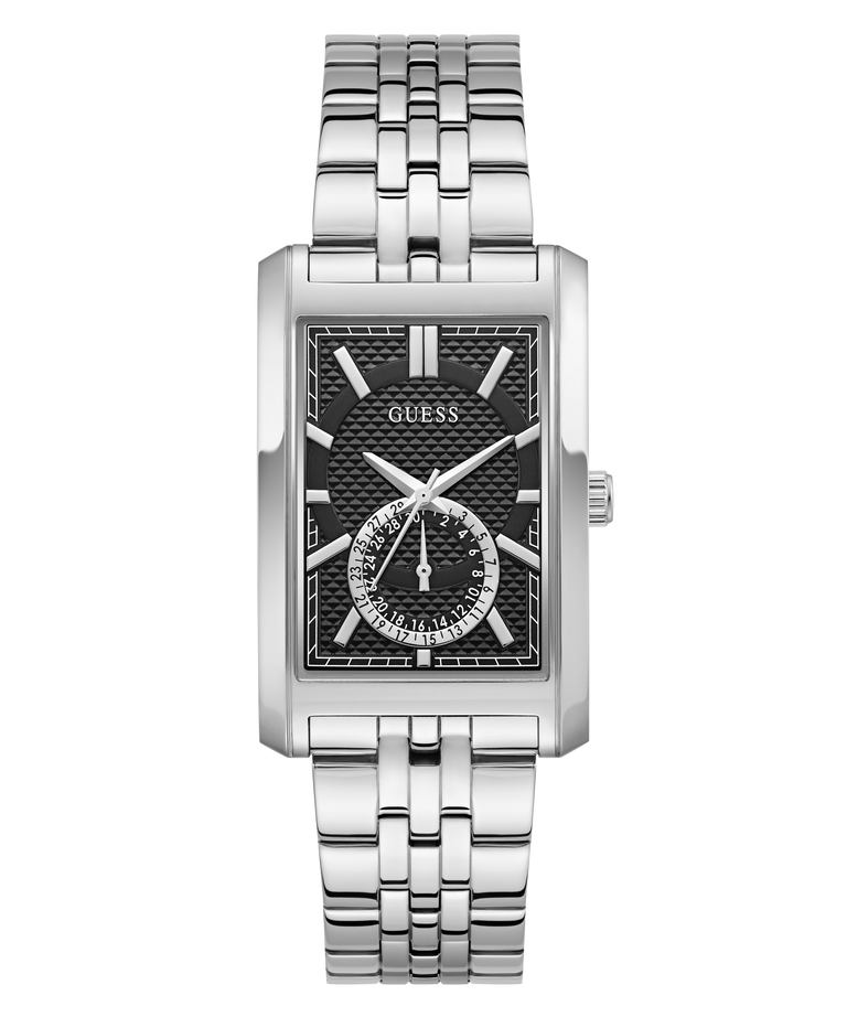 A Guess men's analog watch with a silver-tone stainless steel case and multi-link bracelet, featuring a textured black dial with silver-tone hands and hour markers.