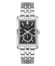 A Guess men's analog watch with a silver-tone stainless steel case and multi-link bracelet, featuring a textured black dial with silver-tone hands and hour markers.