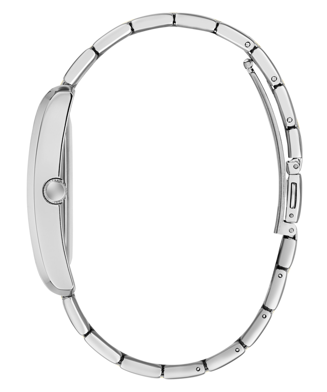Close-up side view of a silver-tone metal watch bracelet with a matching curved case, shown on a plain white background.