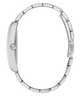 Close-up side view of a silver-tone metal watch bracelet with a matching curved case, shown on a plain white background.