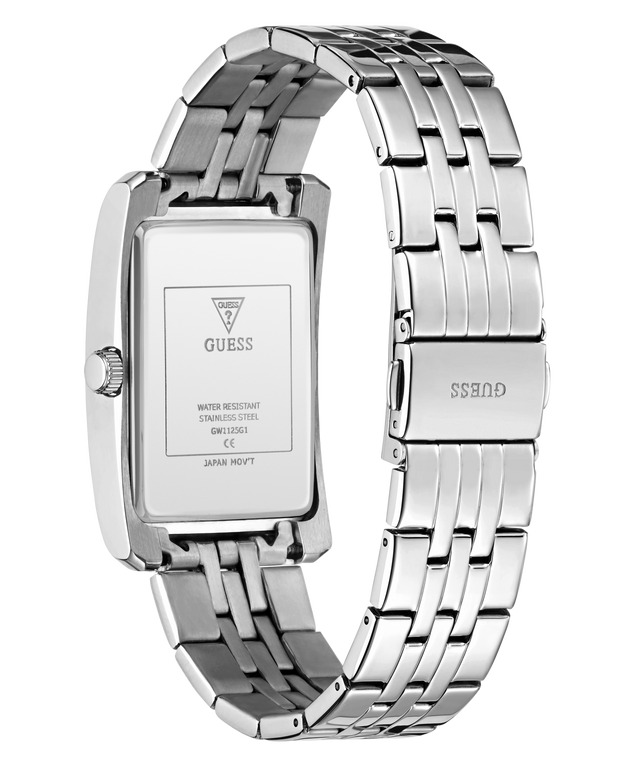 Silver stainless steel men's watch with a rectangular case and matching metal link bracelet, shown from the back on a white background. The GUESS brand name is visible on the clasp and inside the case.