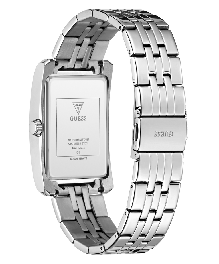 Silver stainless steel men's watch with a rectangular case and matching metal link bracelet, shown from the back on a white background. The GUESS brand name is visible on the clasp and inside the case.