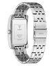 Silver stainless steel men's watch with a rectangular case and matching metal link bracelet, shown from the back on a white background. The GUESS brand name is visible on the clasp and inside the case.
