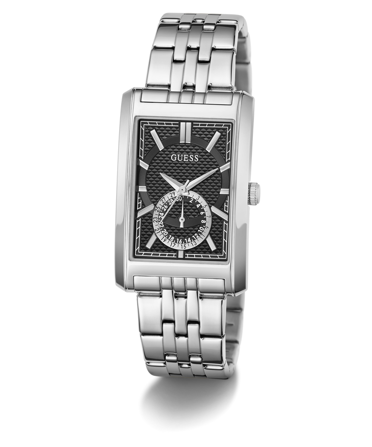 A GUESS men's analog watch with a silver stainless steel case and link bracelet, featuring a black textured dial with silver-tone hands and markers.