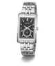 A GUESS men's analog watch with a silver stainless steel case and link bracelet, featuring a black textured dial with silver-tone hands and markers.