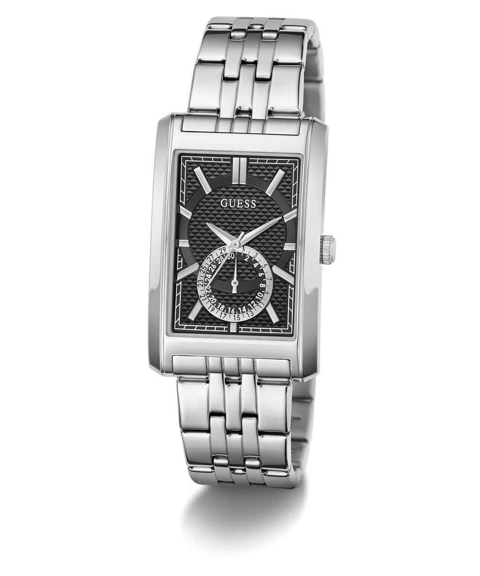 A GUESS men's analog watch with a silver stainless steel case and link bracelet, featuring a black textured dial with silver-tone hands and markers.