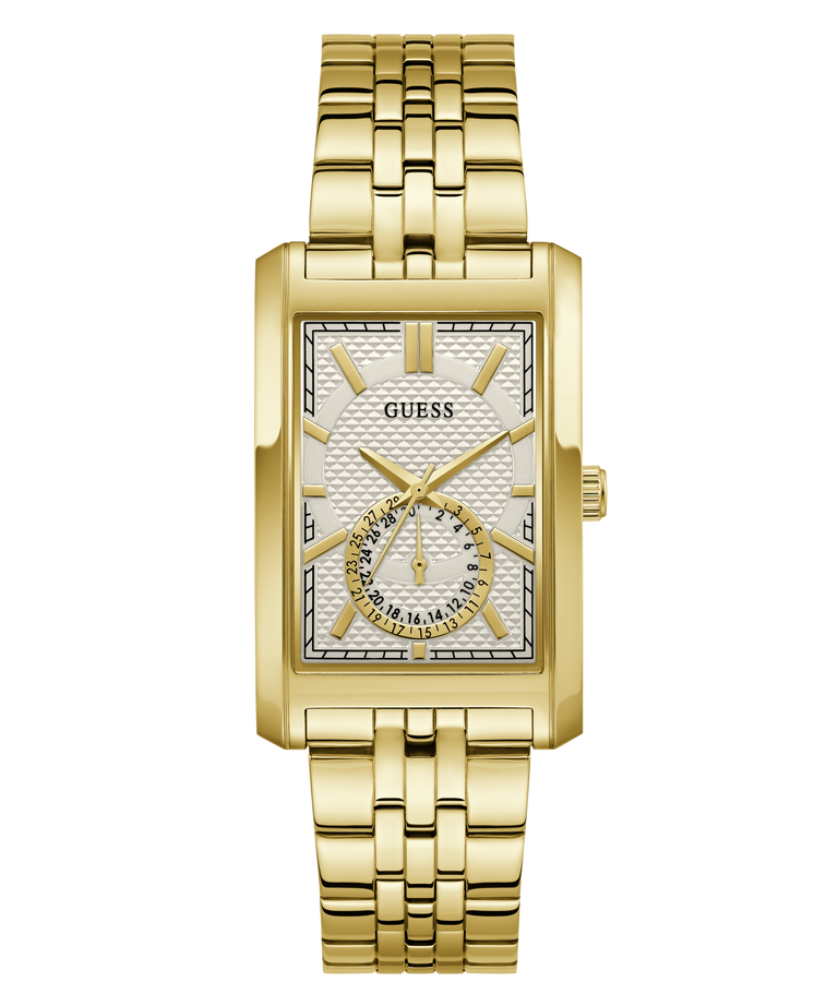 A gold-tone stainless steel wrist watch with a rectangular bezel, a textured white dial, and a matching gold-tone metal link bracelet. The brand name 'GUESS' is printed on the dial.