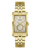 A gold-tone stainless steel wrist watch with a rectangular bezel, a textured white dial, and a matching gold-tone metal link bracelet. The brand name 'GUESS' is printed on the dial.