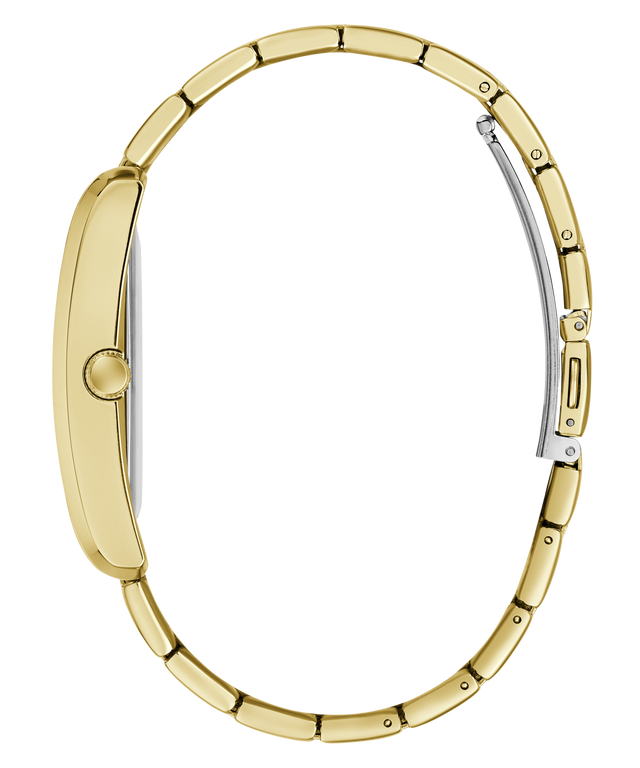 Close-up side view of a gold-tone watch bracelet with a matching round case and a silver-toned clasp, isolated on a white background.