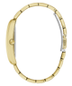 Close-up side view of a gold-tone watch bracelet with a matching round case and a silver-toned clasp, isolated on a white background.