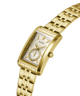 Gold-tone rectangular Guess watch with a silver-white dial, featuring a small sub-dial and a matching gold-tone metal link bracelet on a white background. lifestyle