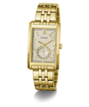 A gold-tone rectangular analog watch with a textured white dial, gold hands and markers, and a matching gold-tone metal link bracelet. The brand name 'GUESS' is printed on the dial.