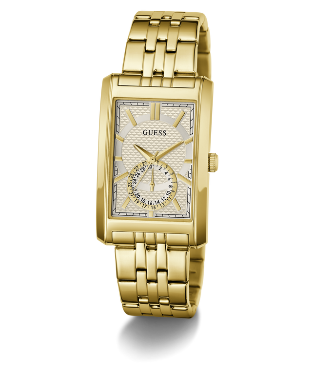 A gold-tone rectangular analog watch with a textured white dial, gold hands and markers, and a matching gold-tone metal link bracelet. The brand name 'GUESS' is printed on the dial.
