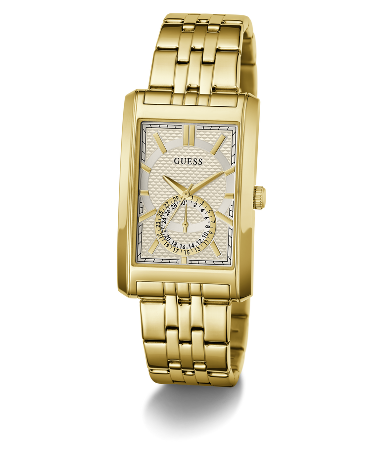 A gold-tone rectangular analog watch with a textured white dial, gold hands and markers, and a matching gold-tone metal link bracelet. The brand name 'GUESS' is printed on the dial.