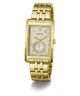 A gold-tone rectangular analog watch with a textured white dial, gold hands and markers, and a matching gold-tone metal link bracelet. The brand name 'GUESS' is printed on the dial.