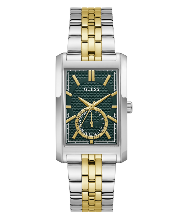 A Guess men's analog watch with a silver and gold-tone two-tone metal link bracelet, a silver-toned case, and a textured dark green dial with gold-tone hands and markers.