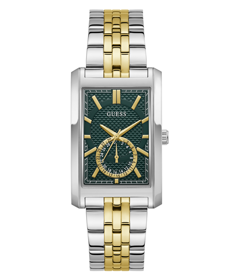 A Guess men's analog watch with a silver and gold-tone two-tone metal link bracelet, a silver-toned case, and a textured dark green dial with gold-tone hands and markers.