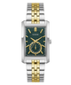 A Guess men's analog watch with a silver and gold-tone two-tone metal link bracelet, a silver-toned case, and a textured dark green dial with gold-tone hands and markers.