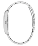 Close-up side view of a silver-toned metal watch bracelet with a matching curved case, shown on a plain white background.