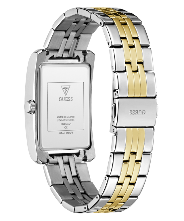 A GUESS men's watch with a two-tone stainless steel and gold link bracelet, shown from the back to reveal the brushed metal case back and clasp.