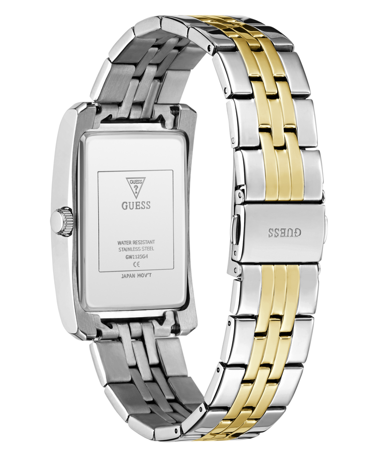 A GUESS men's watch with a two-tone stainless steel and gold link bracelet, shown from the back to reveal the brushed metal case back and clasp.