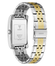 A GUESS men's watch with a two-tone stainless steel and gold link bracelet, shown from the back to reveal the brushed metal case back and clasp.