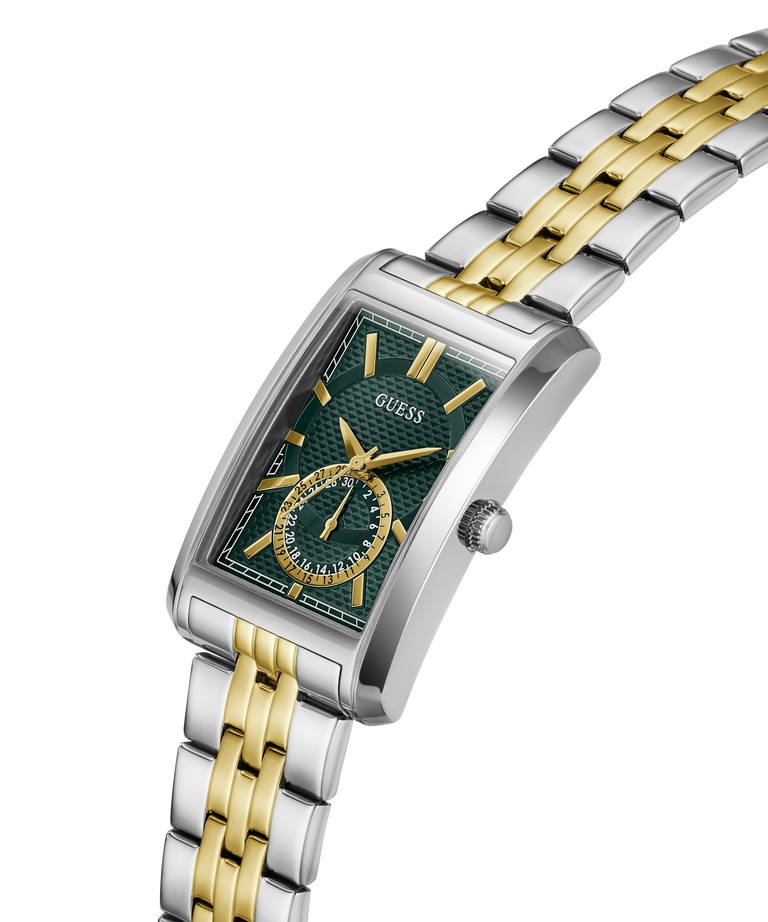 A GUESS men's two-tone watch with a green dial and a silver and gold link bracelet, shown on a clean white background. lifestyle