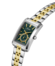 A GUESS men's two-tone watch with a green dial and a silver and gold link bracelet, shown on a clean white background. lifestyle