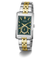 A GUESS men's two-tone watch with a silver and gold-tone metal link bracelet, a silver-tone case, and a dark green textured dial with gold-tone hands and markers.