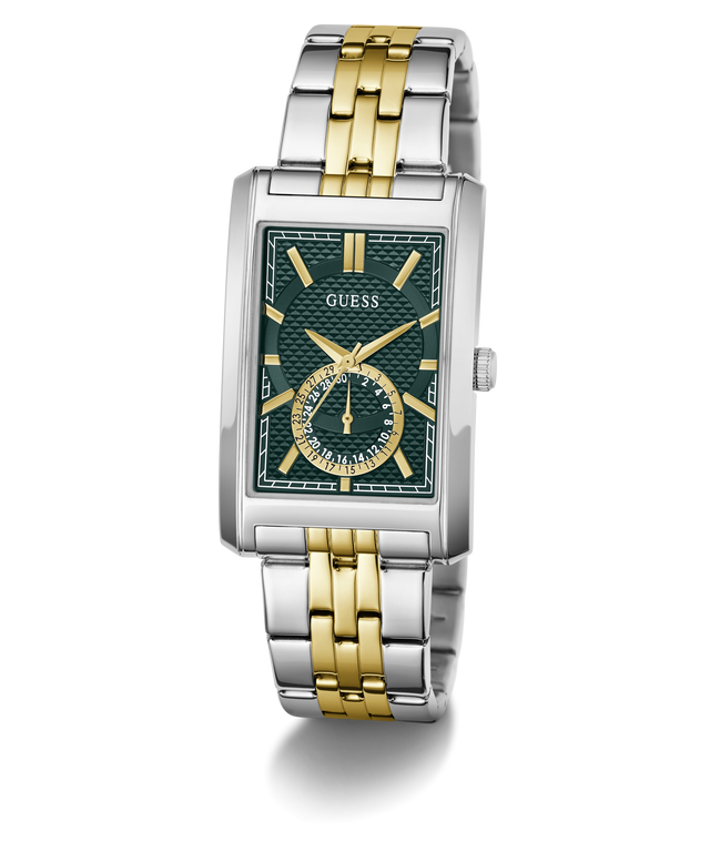 A GUESS men's two-tone watch with a silver and gold-tone metal link bracelet, a silver-tone case, and a dark green textured dial with gold-tone hands and markers.