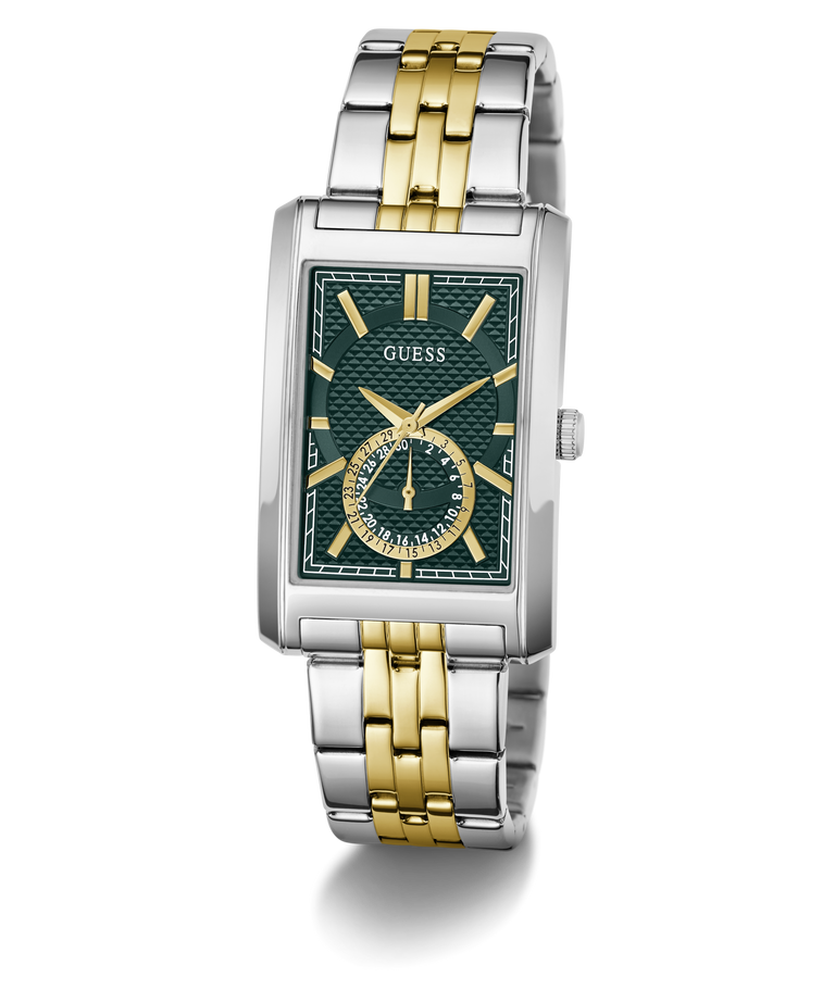 A GUESS men's two-tone watch with a silver and gold-tone metal link bracelet, a silver-tone case, and a dark green textured dial with gold-tone hands and markers.