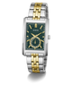 A GUESS men's two-tone watch with a silver and gold-tone metal link bracelet, a silver-tone case, and a dark green textured dial with gold-tone hands and markers.
