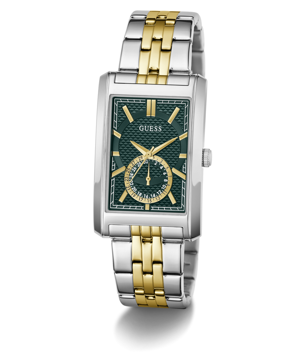 A GUESS men's two-tone watch with a silver and gold-tone metal link bracelet, a silver-tone case, and a dark green textured dial with gold-tone hands and markers.