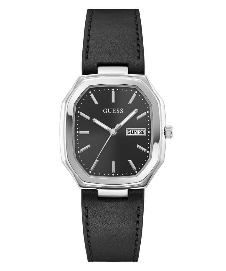 A GUESS wristwatch with an octagonal silver-tone case, a black dial with silver hour markers and hands, and a black leather strap, shown against a plain white background.