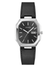 A GUESS wristwatch with an octagonal silver-tone case, a black dial with silver hour markers and hands, and a black leather strap, shown against a plain white background.