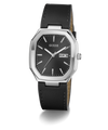 A GUESS analog watch with a black dial, silver-tone stainless steel case, and a black leather strap with white stitching, shown on a clean white background.