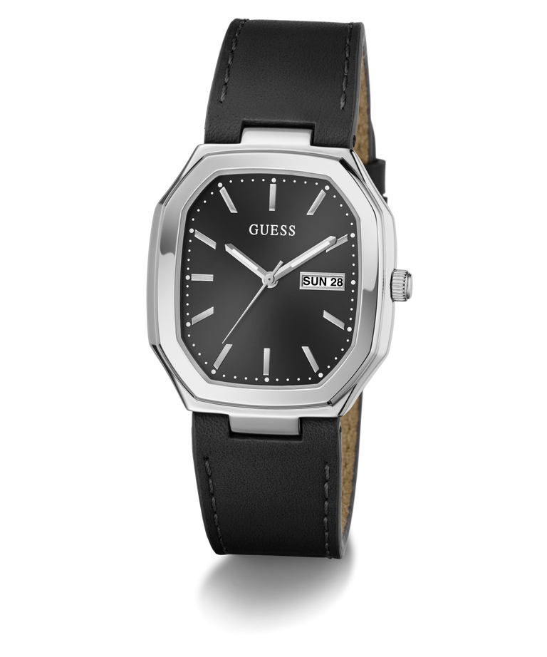 A GUESS analog watch with a black dial, silver-tone stainless steel case, and a black leather strap with white stitching, shown on a clean white background.