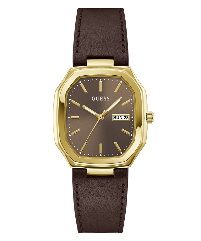 A GUESS wristwatch with an octagonal gold-tone case, a dark brown dial, and a dark brown leather strap, shown against a plain white background.