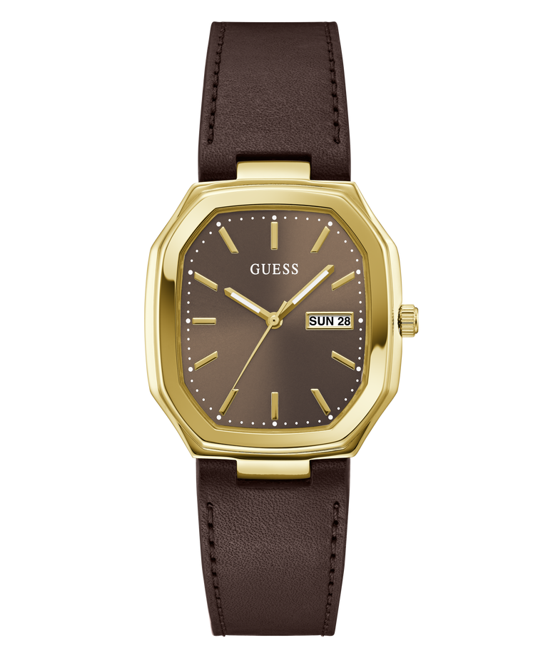 A GUESS wristwatch with an octagonal gold-tone case, a dark brown dial, and a dark brown leather strap, shown against a plain white background.