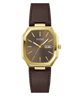 A GUESS wristwatch with an octagonal gold-tone case, a dark brown dial, and a dark brown leather strap, shown against a plain white background.