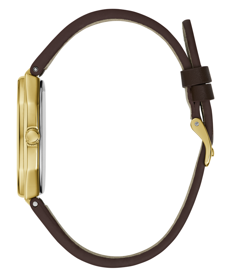 A side profile view of a watch with a gold-tone case and a dark brown leather strap, shown against a solid white background.