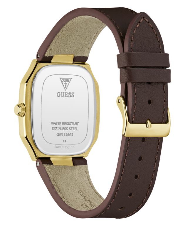 GUESS watch shown from the back, featuring a brown leather strap, gold-tone case, and a white backplate with brand text.