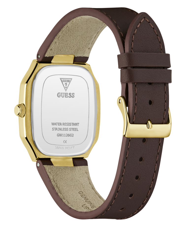 GUESS watch shown from the back, featuring a brown leather strap, gold-tone case, and a white backplate with brand text.