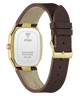 GUESS watch shown from the back, featuring a brown leather strap, gold-tone case, and a white backplate with brand text.