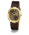 A GUESS wristwatch with an octagonal gold-tone case, a dark brown dial, and a matching brown leather strap, shown on a clean white background.
