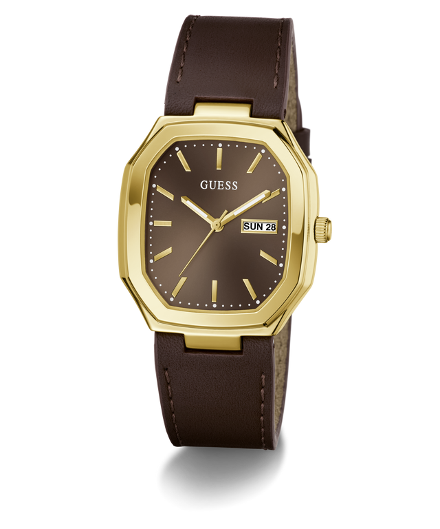 A GUESS wristwatch with an octagonal gold-tone case, a dark brown dial, and a matching brown leather strap, shown on a clean white background.