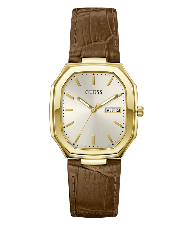 A Guess wristwatch with an octagonal gold-tone case, a cream-colored dial with gold hands and markers, and a brown alligator-textured leather strap, shown against a plain white background.