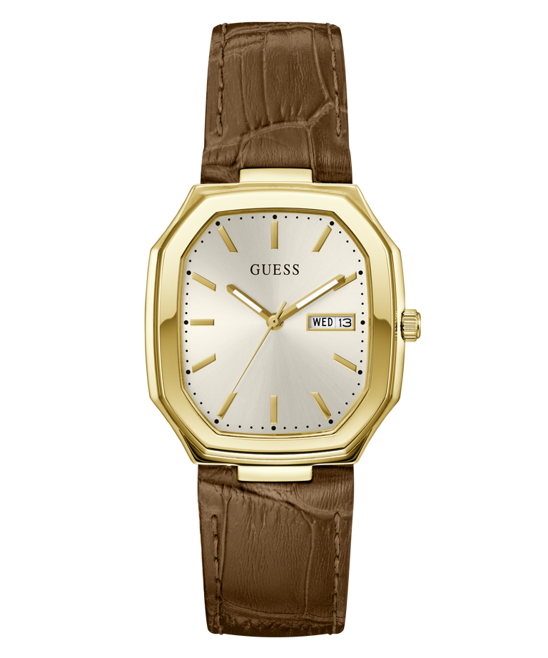 A Guess wristwatch with an octagonal gold-tone case, a cream-colored dial with gold hands and markers, and a brown alligator-textured leather strap, shown against a plain white background.